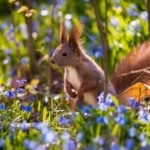 Eichhörnchen beim Sonnenaufgang im Blumenfeld